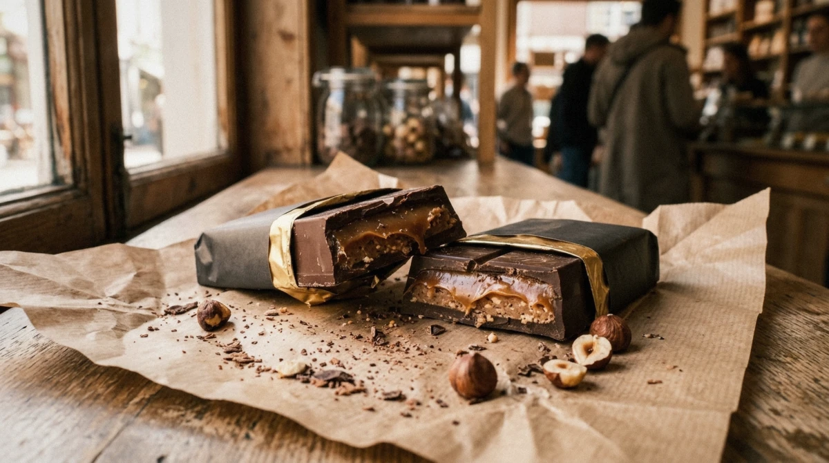 Filled Belgian chocolate bars snapped open on brown paper, as tasted on chocolate tours in Brussels