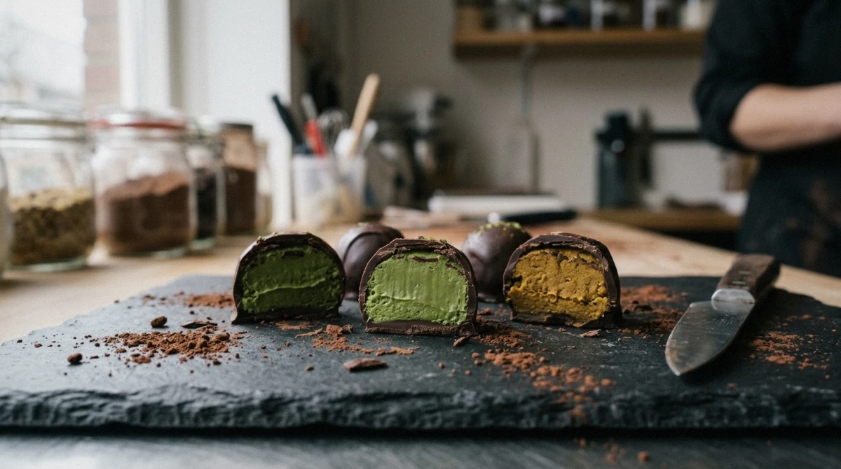 Dark chocolate ganache bonbons cut open to show tea and spice centres, the style of flavour a Brussels chocolate tour tastes