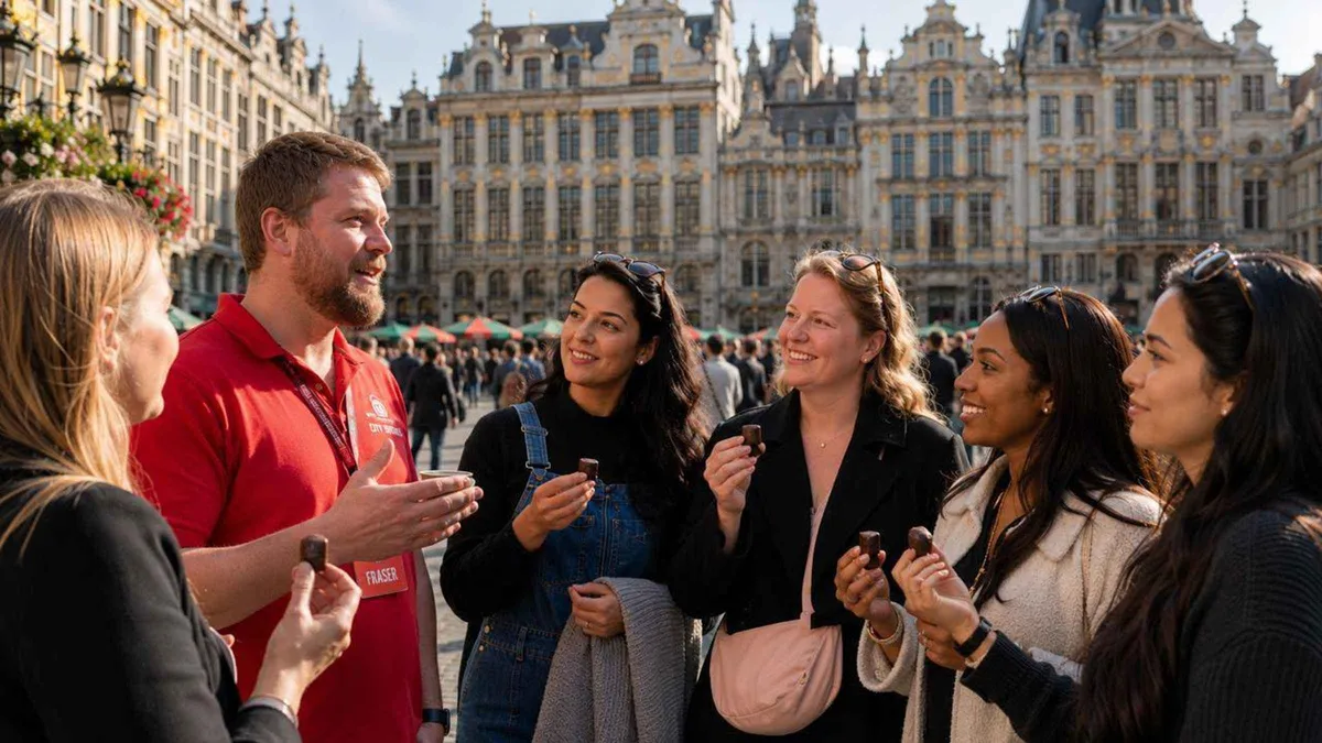 Guide offering pralines on a Brussels chocolate tasting tour, one of the chocolate tours in Brussels from Grand Place